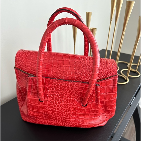 Patricia Nash Notely Croco Embossed Leather Flap Satchel-Papaya - Picture 2 of 8